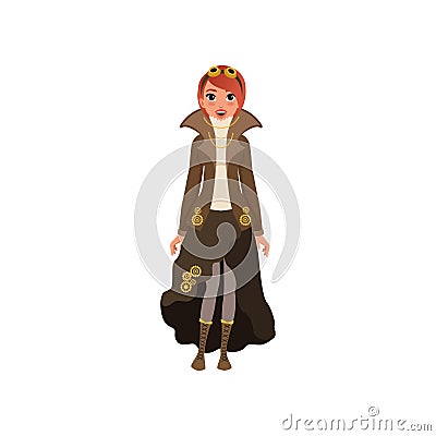 Red-haired steampunk woman. Young girl in blouse, jacket and skirt with chains and gears, boots with lacing and vintage Vector Illustration