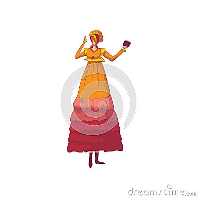 Red-haired woman in an old-fashioned orange dress and a hood. Vector illustration on white background. Vector Illustration
