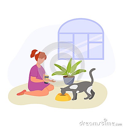 Red-haired woman sitting with coffee, cat eating from bowl indoors. Casual home life with pet, relaxation. Peaceful Vector Illustration