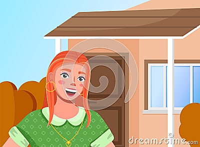 Red haired young girl video blogging on the private house background. Video chatting, streaming Vector Illustration