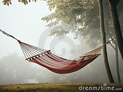 Red hammock in a misty forest. Quiet place to relax, take a break, meditate, have a nap, sleep, or dream. Generative AI Stock Photo