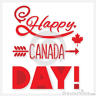 Red hand drawn Happy Canada Day cute emblem icons with shadow on white Vector Illustration