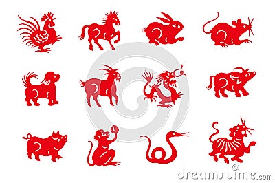 Red handmade cut paper chinese zodiac animals Stock Photo