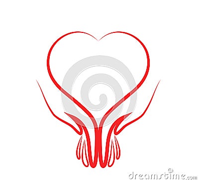 Red hands heart shape and hearts logo. Cartoon Illustration