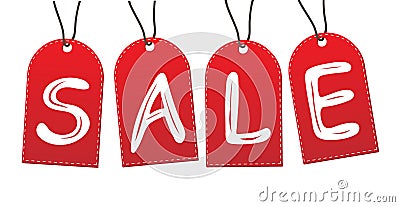 Red hanging sales tags. Promotion or discount concept Vector Illustration