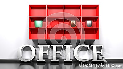 Red hanging shelf with modern vases and the write OFFICE on the floor - 3D rendering illustration Cartoon Illustration