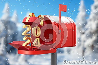 Red Happy New Year 2024 Sign in Gift Box with Christmas Mailbox or Letter Box. 3d Rendering Stock Photo