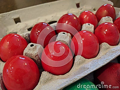 Red hard boiled Easter eggs for orthodox pascha ceremony Stock Photo