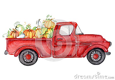 Red harvest truck with pumpkins Thanksgiving watercolor illustration Cartoon Illustration