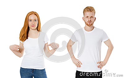 Red head girl and guy in white t-shirt set isolated copy space, white t shirt collage male and female Stock Photo