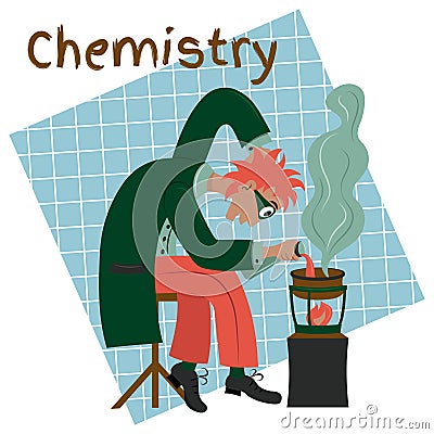 Red-headed high school chemistry teacher conducts classroom experiment in his lab. Vector Illustration