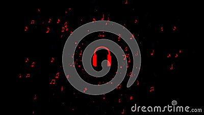 Red headphones inside black circle surrounded by moving notes. Animation. Music notes and headphones in seamless loop Stock Photo