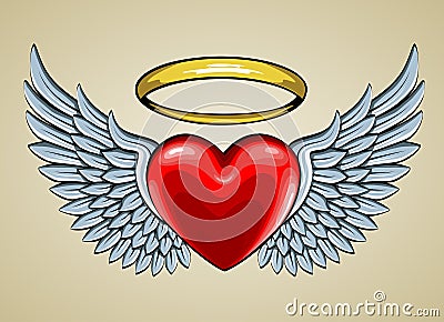 Red heart with angel wings and halo Vector Illustration