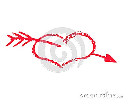 Red heart with arrow vector illustration on white background. St Valentine Day clipart. Chalk texture red heart Cartoon Illustration