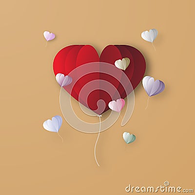 Red heart balloon digital papercraft graphic design background. Valentine love and couple decoration artwork concept. Vector Vector Illustration