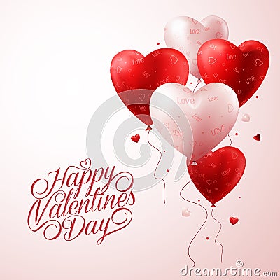 Red Heart Balloons Flying with Love Pattern and Happy Valentines Day Text Vector Illustration