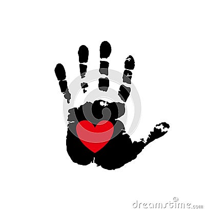 Red heart in black palmprint isolated on white Vector Illustration