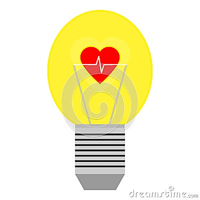 A glowing bright light bulb with a red heart inside. Vector Illustration