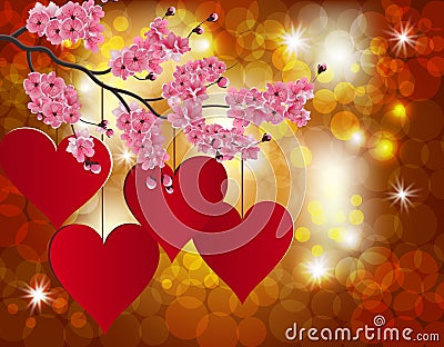 Red heart on a celebratory background. Flowering branch of cherry. Vector Illustration