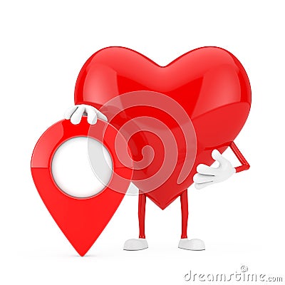 Red Heart Character Mascot with Red Map Pointer Targe Pin. 3d Rendering Stock Photo