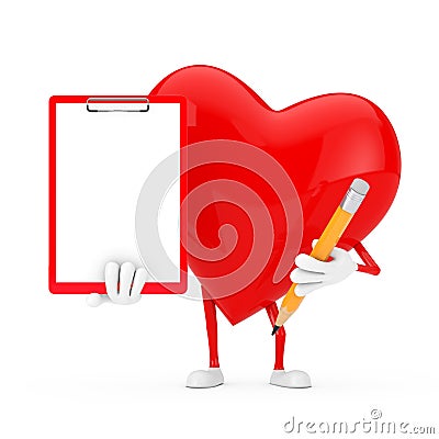 Red Heart Character Mascot with Red Plastic Clipboard, Paper and Pencil. 3d Rendering Stock Photo