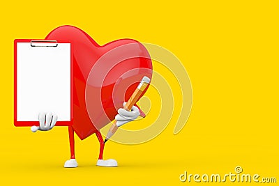 Red Heart Character Mascot with Red Plastic Clipboard, Paper and Pencil. 3d Rendering Stock Photo