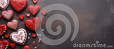 Red heart cookies on a textured table, a closeup of homemade love, Ai Generated Stock Photo