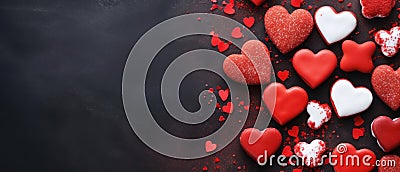 Red heart cookies on a textured table, a closeup of homemade love, Ai Generated Stock Photo