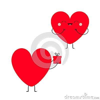 Red heart couple in love. Happy Valentines day sign symbol. Cute cartoon kawaii smiling character holding gift box. Flat design. Vector Illustration
