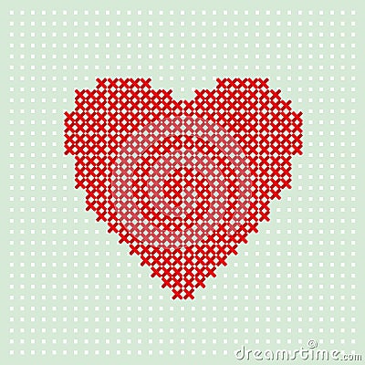 Red heart embroider by thread on turquoise background. Cross stitching on canvas. Vector Illustration