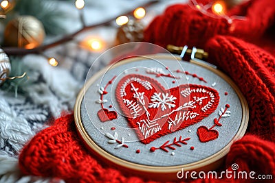 Red heart - embroidery in hoop, love and needlework for Valentine's Day. Generative AI Stock Photo