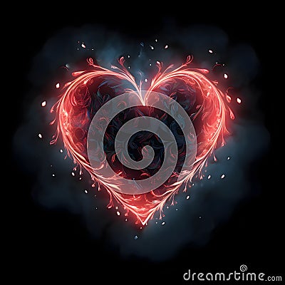 Red heart entwined with red, Luminous stems around a pair of black background. Heart as a symbol fection and love Vector Illustration