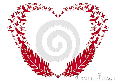 Red heart with feathers and flying birds, vector Vector Illustration