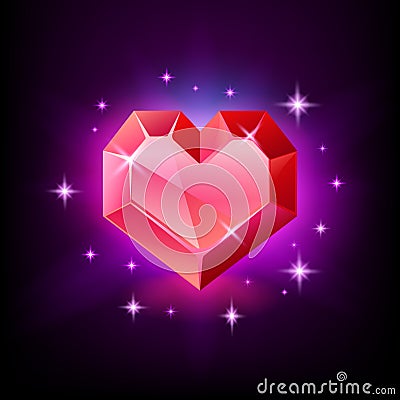 Red heart gemstone, garnet or ruby in the shape of a heart. Glittering gemstone icon on black background vector Vector Illustration