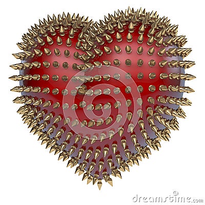 Red heart with golden, kinky style metal spikes Stock Photo