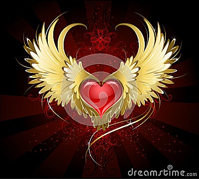 Red heart with golden wings Vector Illustration