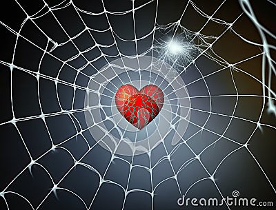Red heart got caught in spider web on blurred dark background, captivity feeling of love concept Stock Photo
