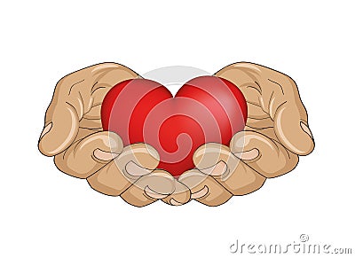 Red heart in the hands. Palms open. Hand gives or receives. Cartoon Illustration