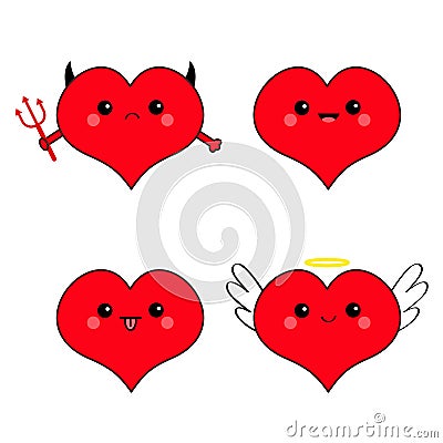 Red heart head face emotion icon set. Devil Angel Evil Amour. Trident horn wing nimbus. Cute cartoon kawaii character. Happy Valen Vector Illustration