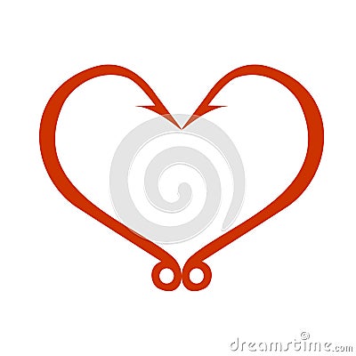 Red heart icon on white. Fish hooks in heart shape. The concept of love of fishing. Vector Illustration. Vector Illustration