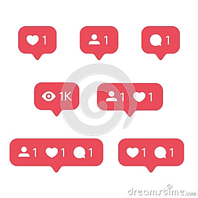 Red Heart like, new message bubble, friend request quantity number notifications icons templates. Vector Illustration