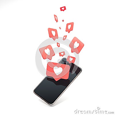 Red heart Like symbols on phone screen. Social media concept. 3d rendering. Stock Photo