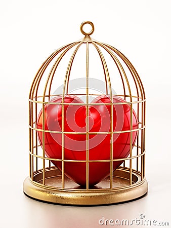 Red heart locked in gold birdcage. 3D illustration Cartoon Illustration