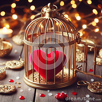 Red heart locked in gold birdcage. Generated AI Stock Photo
