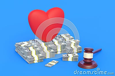 Red heart on lot of money near judge gavel Stock Photo