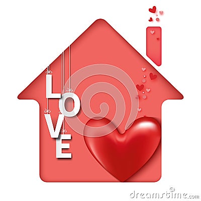 Red heart and love text in pink house Vector Illustration