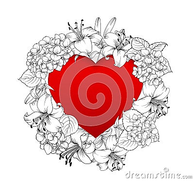 Red heart in the middle of the image. Blooming flowers garland around text place isolated over white background. Vector Illustration