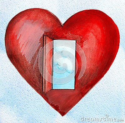 Red heart with an open door blue sky and clouds Stock Photo