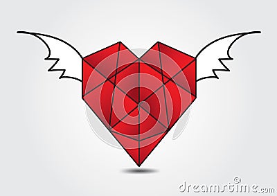 Red Heart polygonal and wing vector illustration for valentine`s day, wedding card, t-shirt. Hand drawn heart. Vector Illustration