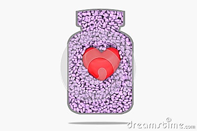 red heart in scattering of small hearts, pills, drugs, vitamins, tablets in bottle, development medicine, pharmacology, drug Stock Photo